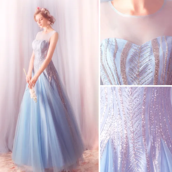 Elegant Sky Blue Prom Dresses 2019 A-Line / Princess Scoop Neck Glitter ...