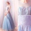 Elegant Sky Blue Prom Dresses 2019 A-Line / Princess Scoop Neck Glitter Sequins Tulle Sleeveless Backless Floor-Length / Long Formal Dresses