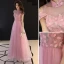 Chinese style Blushing Pink Prom Dresses 2019 A-Line / Princess High Neck Lace Flower Short Sleeve Backless Floor-Length / Long Formal Dresses