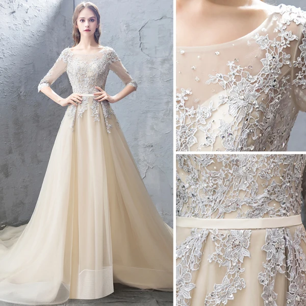 Élégant Champagne Robe De Soirée 2019 Princesse Encolure Dégagée En Dentelle Fleur Cristal Perlage Paillettes 1/2 Manches Dos Nu Chapel Train Robe De Ceremonie