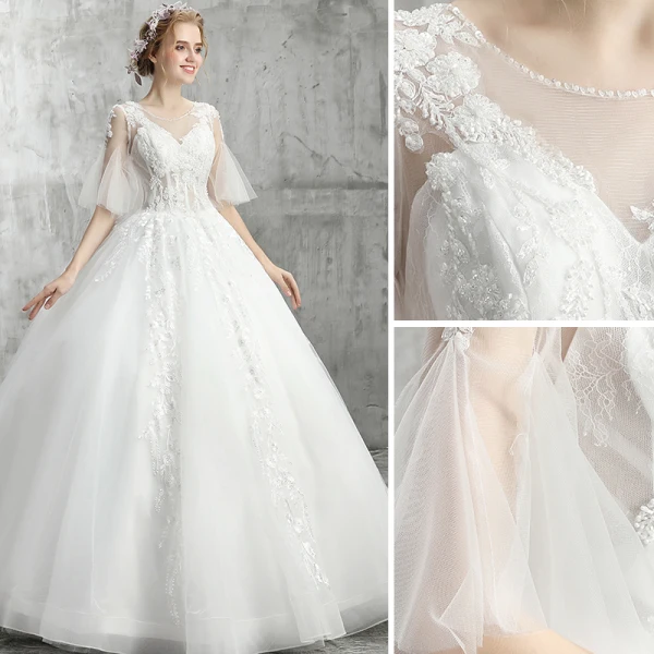 Elegante Weiß Brautkleider / Hochzeitskleider 2019 Ballkleid Rundhalsausschnitt Perlenstickerei Kristall Pailletten Blumen Spitze 1/2 Ärmel Rückenfreies Lange