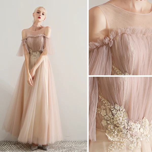 Elegant Champagne Prom Dresses 2019 A-Line / Princess Scoop Neck Beading Lace Appliques Ruffle Short Sleeve Backless Floor-Length / Long Formal Dresses