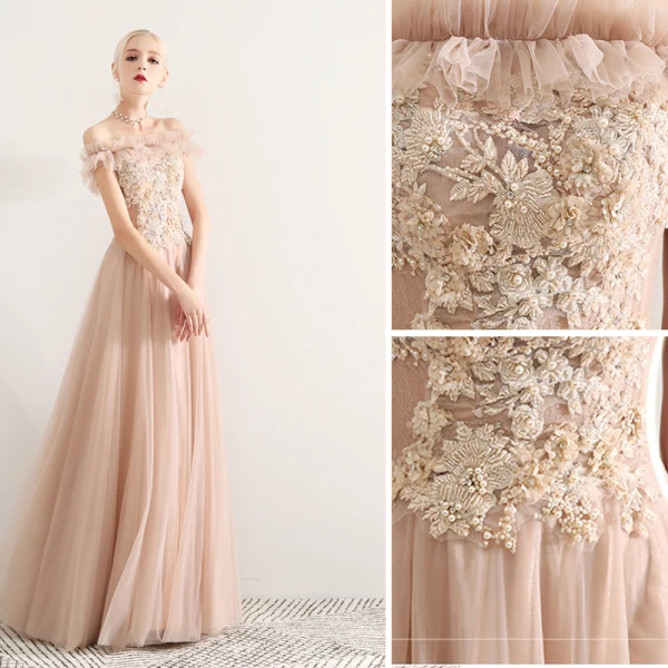 Élégant Champagne Robe De Bal 2019 Princesse De l'épaule En Dentelle Appliques Perlage Cristal Perle Faux Diamant Volants Manches Courtes Dos Nu Longue Robe De Ceremonie