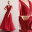 Chic / Beautiful Burgundy Evening Dresses  2019 A-Line / Princess V-Neck Lace Appliques Beading Crystal Short Sleeve Backless Floor-Length / Long Formal Dresses