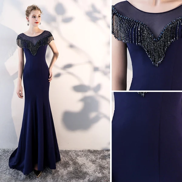 Chic / Belle Bleu Marine Robe De Soirée 2019 Trompette / Sirène Encolure Dégagée Perlage Gland Sans Manches Robe De Ceremonie