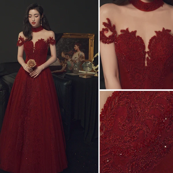 Fabulous Burgundy Prom Dresses 2021 A-Line / Princess High Neck Beading Crystal Lace Flower Short Sleeve Backless Floor-Length / Long Formal Dresses