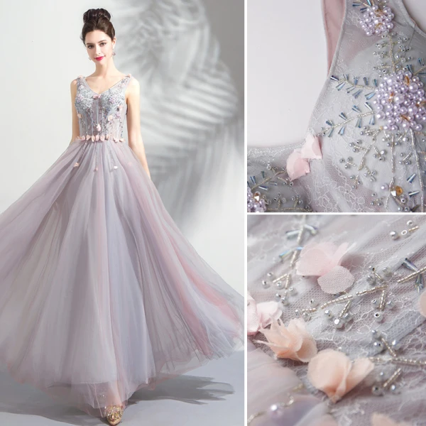 Elegant Blushing Pink Prom Dresses 2019 A-Line / Princess V-Neck Beading Pearl Crystal Appliques Sleeveless Backless Floor-Length / Long Formal Dresses