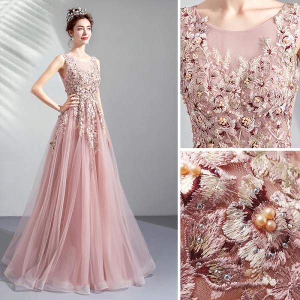 Chic / Beautiful Pearl Pink Prom Dresses 2019 A-Line / Princess Scoop Neck Embroidered Pearl Rhinestone Sleeveless Backless Floor-Length / Long Formal Dresses