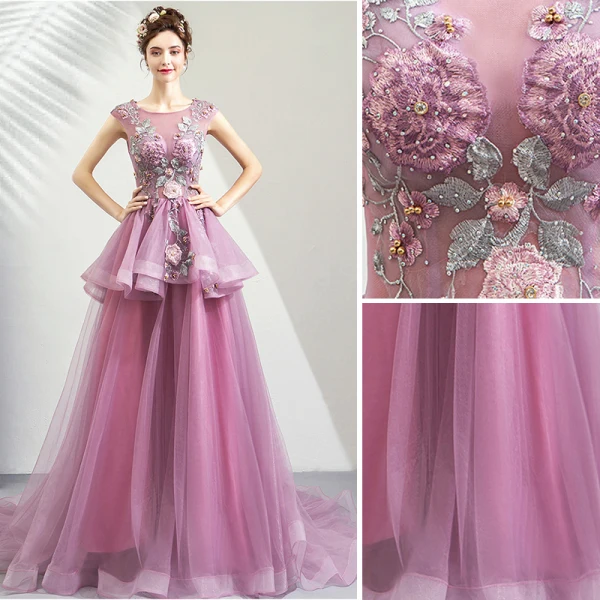 Chic / Beautiful Purple Prom Dresses 2019 A-Line / Princess Scoop Neck Appliques Lace Rhinestone Sleeveless Court Train Formal Dresses