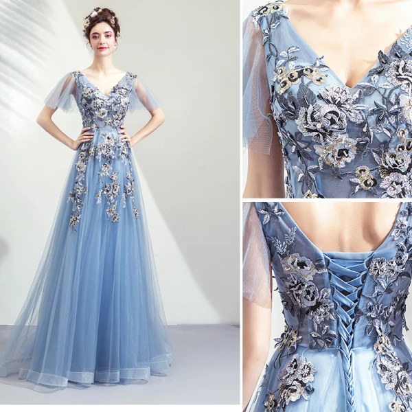 Élégant Bleu Ciel Robe De Bal 2019 Princesse V-Cou Appliques En Dentelle Cristal Paillettes Manches Courtes Dos Nu Longue Robe De Ceremonie