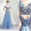 Élégant Bleu Ciel Robe De Bal 2019 Princesse V-Cou Appliques En Dentelle Cristal Paillettes Manches Courtes Dos Nu Longue Robe De Ceremonie