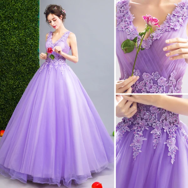 Affordable Lilac Prom Dresses 2019 A-Line / Princess V-Neck Appliques Lace Flower Beading Crystal Sleeveless Backless Floor-Length / Long Formal Dresses