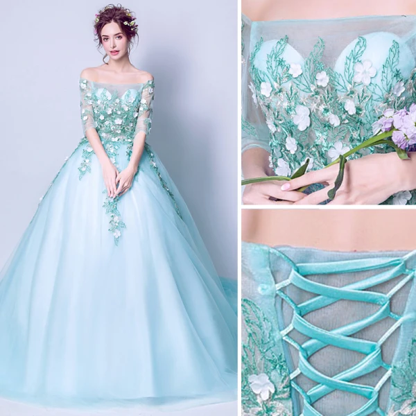Affordable Pool Blue Prom Dresses 2019 A-Line / Princess Off-The-Shoulder Appliques Embroidered 1/2 Sleeves Backless Formal Dresses