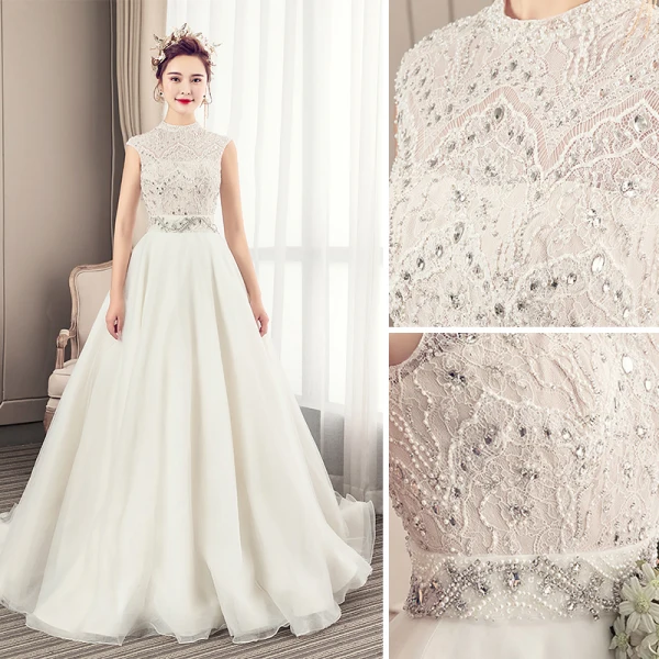 Luxury / Gorgeous Ivory Wedding Dresses 2019 A-Line / Princess High Neck Beading Crystal Lace Flower Pearl Sleeveless Backless Court Train
