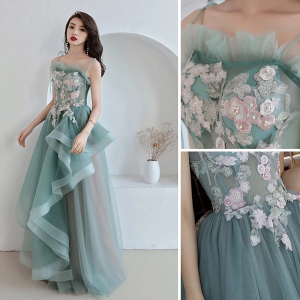 Modern / Fashion Jade Green Prom Dresses 2019 A-Line / Princess Spaghetti Straps Appliques Lace Sleeveless Backless Cascading Ruffles Floor-Length / Long Formal Dresses