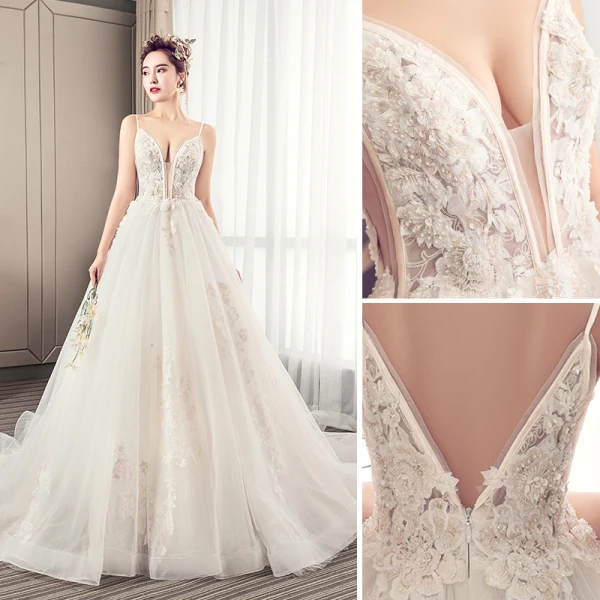 Élégant Champagne Robe De Mariée 2019 Princesse Bretelles Spaghetti Perlage En Dentelle Fleur Sans Manches Dos Nu Cathedral Train
