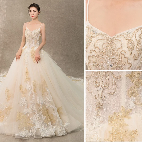 Luxury / Gorgeous Champagne Wedding Dresses 2019 A-Line / Princess Spaghetti Straps Beading Pearl Crystal Sleeveless Backless Lace Flower Royal Train