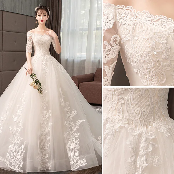 Élégant Champagne Robe De Mariée 2019 Princesse De l'épaule En Dentelle Fleur Paillettes 1/2 Manches Dos Nu Royal Train