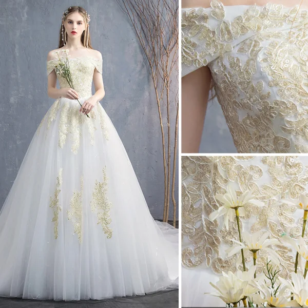 Élégant Blanche Robe De Mariée 2019 Princesse De l'épaule En Dentelle Fleur Paillettes Manches Courtes Dos Nu Cathedral Train