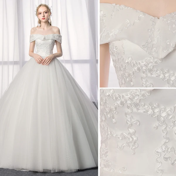 Elegant Ivory Wedding Dresses 2019 A-Line / Princess Off-The-Shoulder Lace Backless Short Sleeve Flower Cathedral Train