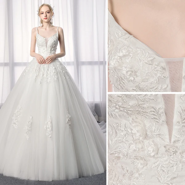 Élégant Ivoire Robe De Mariée 2019 Princesse Bretelles Spaghetti En Dentelle Fleur Sans Manches Dos Nu Royal Train