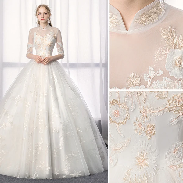 Chinese style Ivory Wedding Dresses 2019 A-Line / Princess High Neck Lace Flower Sequins 1/2 Sleeves Backless Floor-Length / Long