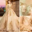 Luxury / Gorgeous Gold 2019 Wedding Dresses A-Line / Princess Scoop Neck Beading Crystal Lace Flower Sequins Long Sleeve Backless Royal Train