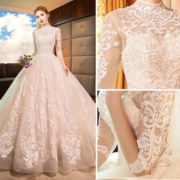 Eleganckie Szampan Suknie Ślubne 2019 Princessa Wysokiej Szyi Z Koronki Kwiat 1/2 Rękawy Bez Pleców Trenem Katedra
