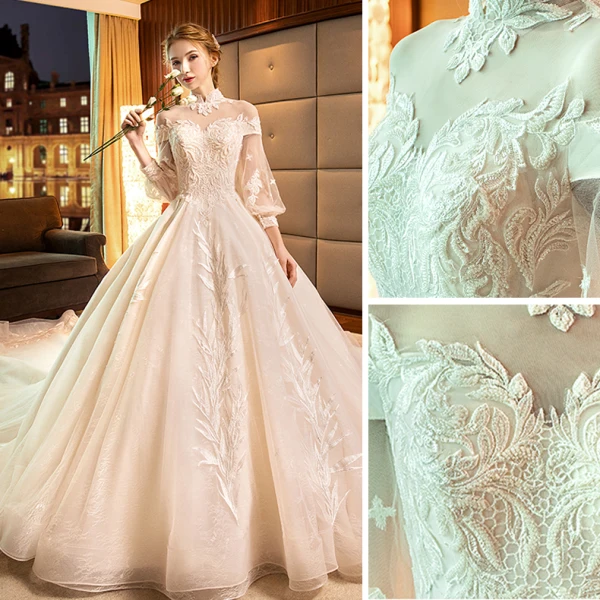 Luxus / Herrlich Champagner Brautkleider / Hochzeitskleider 2019 A Linie Stehkragen Spitze Blumen Lange Ärmel Rückenfreies Königliche Schleppe