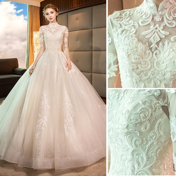 Elegant Champagne Wedding Dresses 2019 A-Line / Princess High Neck Lace Flower 3/4 Sleeve Backless Royal Train