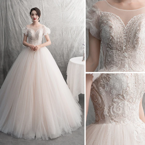 Modern / Fashion Champagne Wedding Dresses 2019 A-Line / Princess Pleated Scoop Neck Glitter Spotted Tulle Lace Flower Short Sleeve Backless Floor-Length / Long