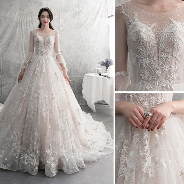 Modern / Fashion Champagne Wedding Dresses 2019 A-Line / Princess Scoop Neck Lace Flower Appliques Butterfly Long Sleeve Backless Royal Train