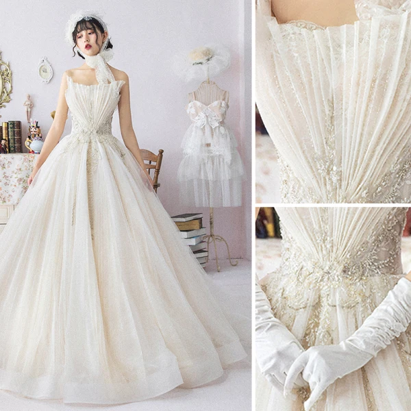 Modern / Fashion Champagne Wedding Dresses 2019 A-Line / Princess Pleated Amazing / Unique Strapless Beading Lace Flower Sleeveless Backless Floor-Length / Long
