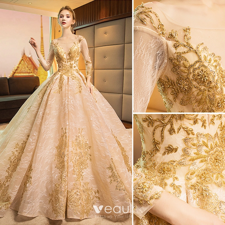 Luxury Gorgeous Gold Wedding Dresses 2019 A Line Princess Scoop Neck Glitter Lace Flower Crystal 3