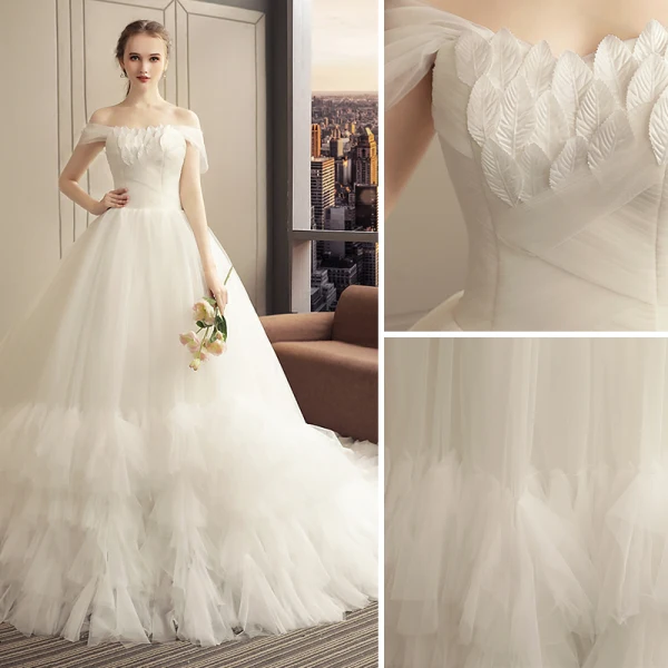 Elegant Ivory Wedding Dresses 2019 A-Line / Princess Sleeveless Leaf Appliques Off-The-Shoulder Backless Ruffle Cathedral Train Wedding