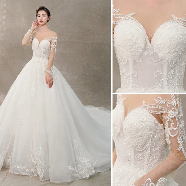 Élégant Ivoire Robe De Mariée 2019 Princesse Encolure Dégagée En Dentelle Fleur Manches Longues Dos Nu Cathedral Train