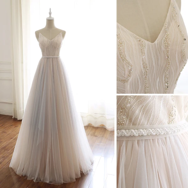 Modern / Fashion Champagne Prom Dresses 2019 A-Line / Princess Spaghetti Straps V-Neck Beading Sequins Sleeveless Backless Bow Floor-Length / Long Formal Dresses