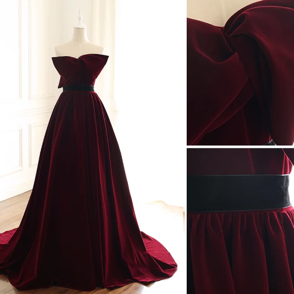 Chic / Beautiful Burgundy Evening Dresses 2019 A-Line / Princess Suede Strapless Bow Sleeveless Backless Court Train Formal Dresses