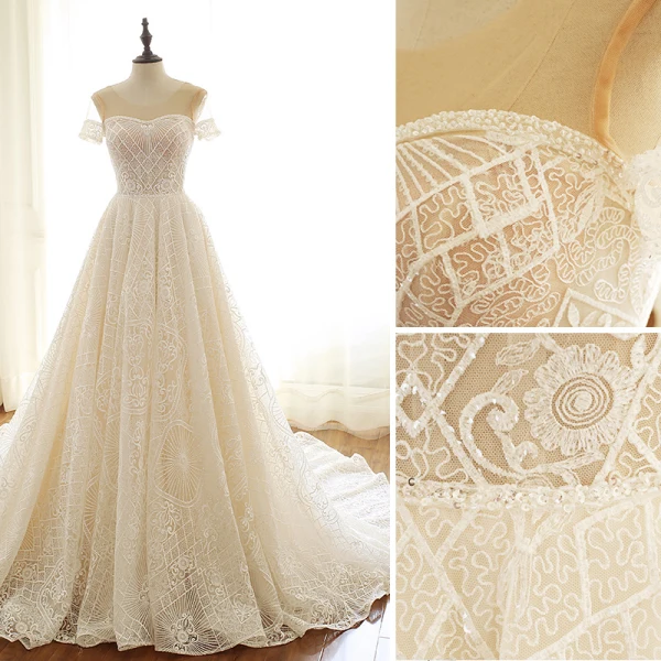 Luxury / Gorgeous Champagne Wedding Dresses 2019 A-Line / Princess Scoop Neck Beading Sequins Lace Flower Short Sleeve Backless Chapel Train