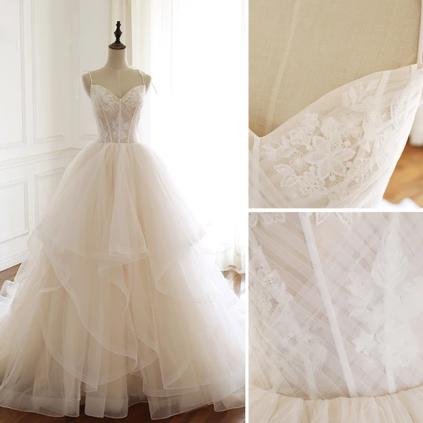 Classy Champagne Wedding Dresses 2019 A-Line / Princess Spaghetti Straps Lace Flower Sleeveless Backless Cascading Ruffles Chapel Train