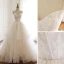 Classy Champagne Wedding Dresses 2019 A-Line / Princess Spaghetti Straps Lace Flower Sleeveless Backless Cascading Ruffles Chapel Train