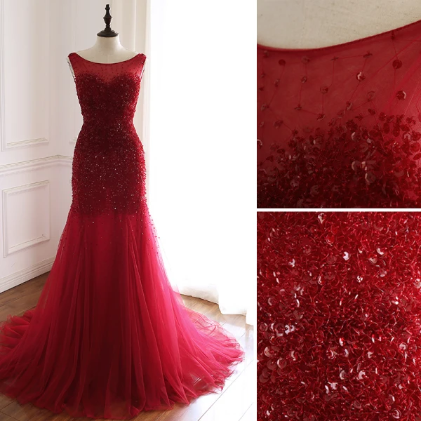 Luxury / Gorgeous Burgundy Handmade  Beading Evening Dresses  2019 Trumpet / Mermaid Scoop Neck Sequins Crystal Sleeveless Backless Court Train Formal Dresses