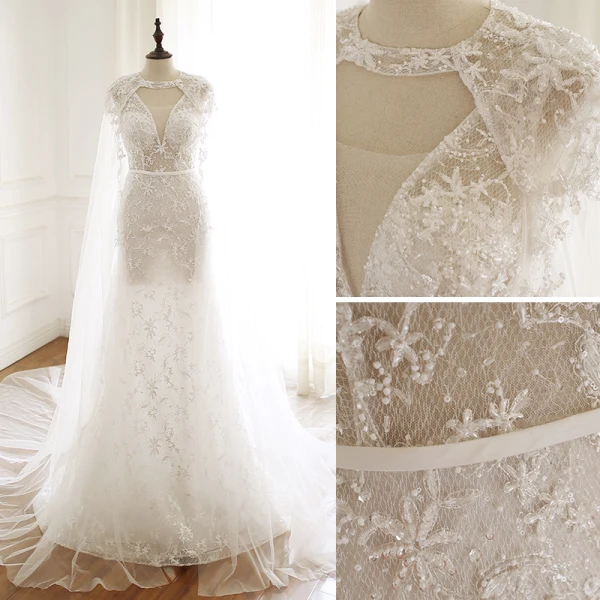 Luxe Ivoire Fait main Perlage Robe De Mariée Avec Châle 2019 Trompette / Sirène V-Cou En Dentelle Fleur Cristal Paillettes Sans Manches Dos Nu Ceinture Tribunal Train