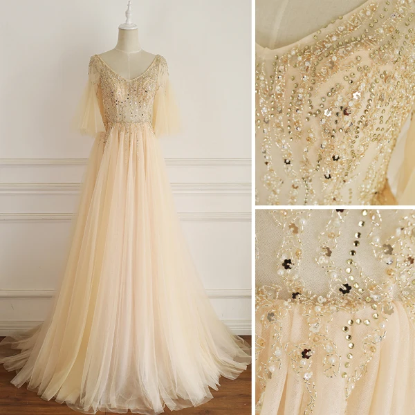 Chic / Belle Champagne Robe De Soirée 2019 Princesse V-Cou Perlage Perle Faux Diamant Manches de cloche Dos Nu Train De Balayage Robe De Ceremonie
