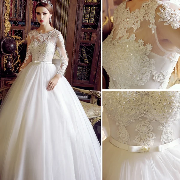 Classy Ivory Wedding Dresses 2019 A-Line / Princess Scoop Neck Pearl Sequins Lace Flower Long Sleeve Backless Bow Sash Floor-Length / Long
