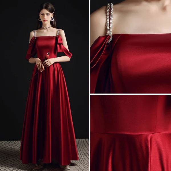 Fashion Burgundy Evening Dresses  2021 A-Line / Princess Spaghetti Straps Sleeveless Backless Floor-Length / Long Formal Dresses