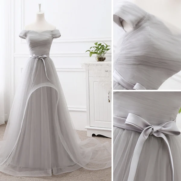 Elegant Grey Prom Dresses 2019 A-Line / Princess Off-The-Shoulder Short Sleeve Backless Bow Court Train Formal Dresses