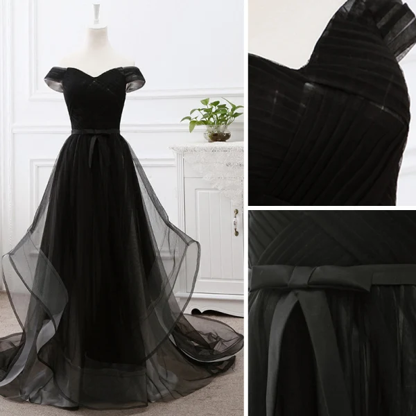 Elegant Black Prom Dresses 2019 A-Line / Princess Off-The-Shoulder Short Sleeve Backless Bow Court Train Formal Dresses
