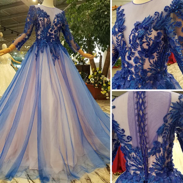 Chic / Beautiful Royal Blue Evening Dresses 2019 A-Line / Princess Scoop Neck Lace Flower Appliques Beading Crystal 3/4 Sleeve Chapel Train Formal Dresses