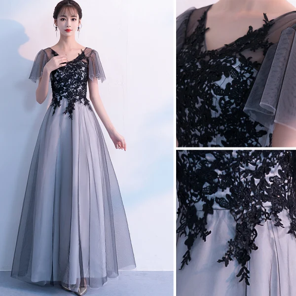 Chic / Beautiful Black Evening Dresses  2019 A-Line / Princess V-Neck Lace Flower Short Sleeve Backless Floor-Length / Long Formal Dresses